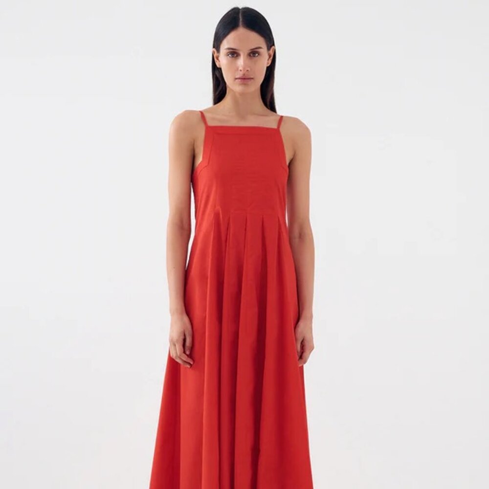 Bird and Knoll Red Munroe Godet-Skirt Cotton Poplin Maxi Dress Size XXS
